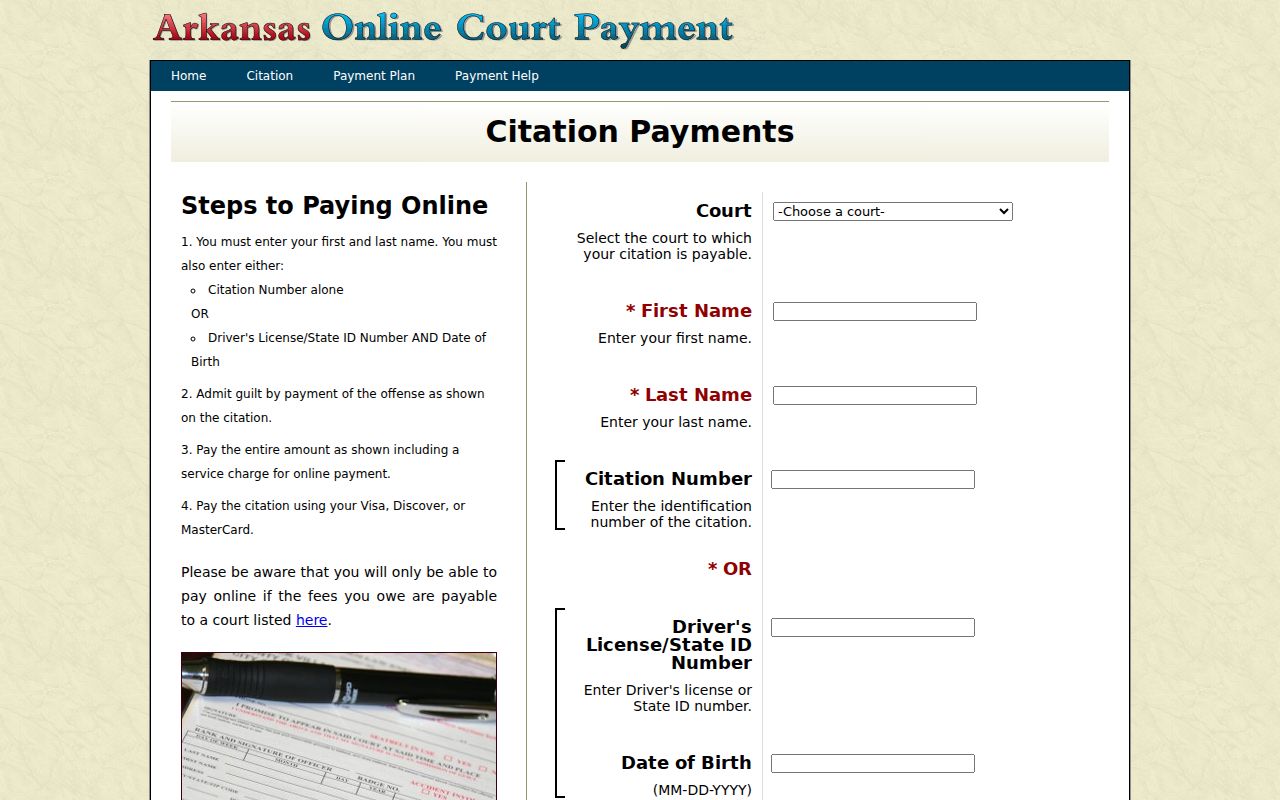 Union County traffic court Arkansas citation query fields